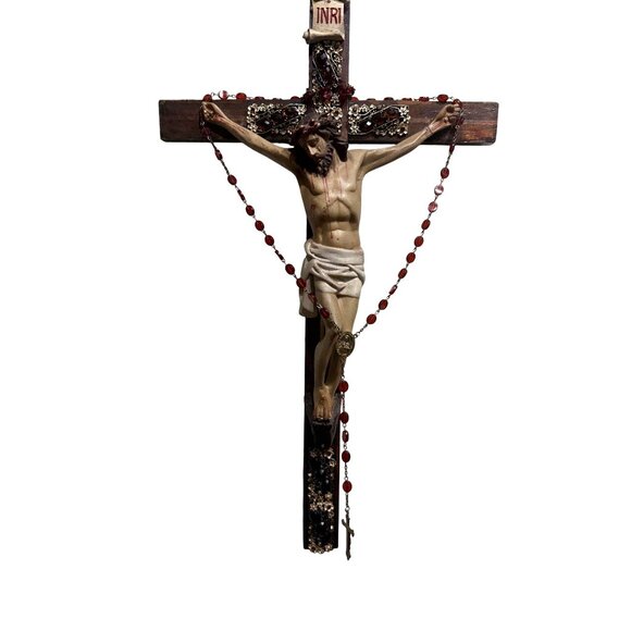 Vintage Wooden Crucifix  Rosary Beads & Jesus Figure READ SEE - Picture 2 of 11